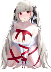 Rule 34 | 1girl, azur lane, bare shoulders, black bow, black nails, black ribbon, blunt bangs, blush, bound, bow, breasts, bridal gauntlets, cleavage, closed mouth, collarbone, commentary request, female focus, formidable (azur lane), grey hair, hair bow, hair ribbon, highres, kneeling, large breasts, leotard, long hair, long sleeves, looking at viewer, nail polish, nephthys2356, red bow, red eyes, red ribbon, ribbon, ribbon bondage, simple background, solo, thighs, twintails, two-tone ribbon, very long hair, white background, white leotard, white ribbon