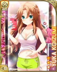 1girl bedroom breasts brown_hair card character_name cleavage closed_mouth day girlfriend_(kari) green_eyes green_shorts indoors koizumi_yuka_(gf_kari) midriff mirror mobile_phone navel official_art qp:flapper shirt shorts solo tagme white_shirt