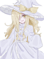 blonde_hair bow dress frills fuwafurin hair_bow hair_over_one_eye hat hat_bow highres kirisame_marisa kirisame_marisa_(pc-98) long_hair long_sleeves phantasmagoria_of_dim.dream ribbon smile touhou touhou_(pc-98) white_dress white_hat witch_hat yellow_eyes