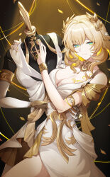 1girl absurdres aglaea_(honkai:_star_rail) bare_shoulders blonde_hair breast_tattoo breasts closed_mouth colored_inner_hair commentary cowboy_shot dress flower garmentmaker_(honkai:_star_rail) greco-roman_clothes green_eyes green_pupils hair_flower hair_ornament head_wreath highres holding honkai:_star_rail honkai_(series) jewelry large_breasts looking_at_viewer multicolored_hair nail_polish necklace short_hair smile solo sun_0205 tattoo white_dress white_flower yellow_nails