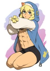 1boy abs androgyne_symbol bike_shorts black_gloves black_shorts blonde_hair bridget_(guilty_gear) fingerless_gloves gloves green_eyes guilty_gear guilty_gear_strive habit hood hood_up hooded_jacket hoodie jacket looking_at_viewer male_focus medium_hair muscular muscular_male open_clothes open_hoodie pokkuti shorts solo trap