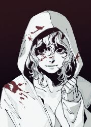 Rule 34 | 1girl, 23i2ko, :3, aegyo sal, black eyes, blood, blood on clothes, blood on face, blood splatter, breasts, cleavage, clenched hand, cloak, curly hair, hair between eyes, hand up, highres, hood, hood up, limited palette, looking at viewer, medium hair, original, partially shaded face, red background, sidelocks, simple background, solo, upper body, white cloak, white hair