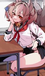 1girl animal_ears bell black_skirt blurry chair classroom clothes_lift collar condom depth_of_field desk dryegen fox_ears fox_tail hair_ornament highres holding holding_condom lifting_own_clothes long_sleeves looking_at_viewer midriff navel pleated_skirt red_eyes sailor_collar school_chair school_desk school_uniform sekka_(shadowverse) serafuku shadowverse shirt sitting skirt skirt_lift smile solo tail white_shirt