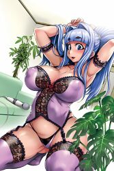 1girl arm_behind_head armband ass blunt_bangs blush bra breasts cleavage collarbone couch covered_erect_nipples curvy garter_belt gluteal_fold gogo_no_kouchou:_junai_mellow_yori groin halterneck high_ponytail highleg highleg_panties highres hitachi_magic_wand huge_breasts indoors jun_(rojiura_jack) kneeling knees_out_of_frame legwear_garter lingerie long_hair looking_at_viewer micro_panties mizuno_yayoi open_mouth panties plant ponytail purple_bra purple_eyes purple_hair purple_panties purple_thighhighs raised_eyebrows sex_toy shiny_skin short_eyebrows sidelocks smile solo spread_legs string_panties thick_eyebrows thick_thighs thighhighs thighs third-party_edit underwear underwear_only very_long_hair vibrator wide_hips