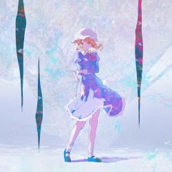 Rule 34 | absurdres, arm at side, back bow, black shoes, blonde hair, bow, circle yomado, dress, frilled dress, frills, full body, gap (touhou), hat, highres, holding own arm, maribel hearn, medium hair, mob cap, necktie, purple dress, red necktie, shoes, simple background, smile, socks, standing, touhou, white socks, yellow eyes