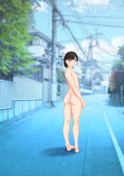 1girl ass barefoot blush casual casual_nudity city completely_nude exhibitionism full_body highres nipples nude nudist original outdoors public_indecency public_nudity road short_hair smile street