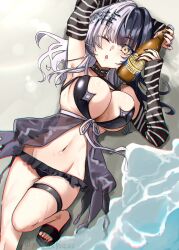 Rule 34 | 1girl, absurdres, adapted costume, alcohol, alternate costume, beach, beer bottle, bikini, black arm warmers, black bikini, black choker, black dress, black hair, black nails, bottle, breasts, choker, cleavage, dress, feet, frilled bikini, frills, front-tie top, gloves, grey hair, halterneck, highres, holding, holding bottle, hololive, hololive english, lace, lace-trimmed choker, lace choker, lace trim, large breasts, long hair, looking at viewer, mizuhasi, multicolored hair, navel, open mouth, shiori novella, shiori novella (1st costume), solo, split-color hair, striped arm warmers, striped clothes, striped gloves, swimsuit, two-tone hair, virtual youtuber, yellow eyes