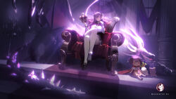 2girls abroccoli absurdres artist_logo artist_name black_shoes black_skirt breasts cape crossed_legs crown download_link english_text high-waist_skirt highres holding holding_crown indie_virtual_youtuber indoors large_breasts logo long_hair looking_at_viewer mother_and_daughter multiple_girls orange_skirt otsuka_ray purple_eyes purple_hair red_cape reika_(otsuka_ray) shirt shoes sitting_on_throne skirt suspender_skirt suspenders thighhighs third-party_source throne virtual_youtuber white_shirt white_thighhighs