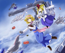 1girl alice_margatroid asshimar blonde_hair blue_eyes book doll fazz_(gundam) female_focus fingerless_gloves flx gloves grimoire grimoire_of_alice gundam gundam_sentinel hairband name_connection shanghai_doll short_hair string touhou weapon z_plus_(gundam)