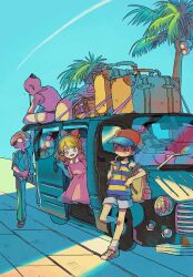 1girl 3boys backpack bag baseball_cap blonde_hair blue_eyes blue_shorts blue_theme blush bow brown_shoes car doseisan dress drinking formal_clothes glasses hair_bow hat highres jeff_andonuts mother_(series) mother_2 motor_vehicle multiple_boys ness_(mother_2) nintendo open_mouth outdoors palm_tree pants paula_(mother_2) pink_dress poo_(mother_2) red_bow shirt shoes shorts socks striped_clothes striped_shirt suit tree user_zpnu2438 white_socks