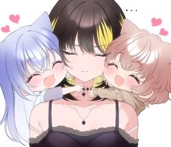 ... 3girls :t ^_^ animal_ears black_hair black_shirt blonde_hair blue_hair blush borrowed_character brown_hair cat_ears cheek-to-cheek chibi closed_eyes collarbone cometik_(idolmaster) fang heads_together heart hug idolmaster idolmaster_shiny_colors ikaruga_luca ikuta_haruki jewelry kemonomimi_mode multicolored_hair multiple_girls necklace off-shoulder_shirt off_shoulder shirasato_(phzm8733) shirt simple_background smile streaked_hair suzuki_hana sweatdrop two-tone_hair white_background yuri