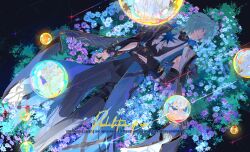 1boy absurdres anaxa_(honkai:_star_rail) aqua_hair black_gloves black_pants closed_eyes english_text fingerless_gloves gloves highres honkai:_star_rail honkai_(series) lying male_focus on_back pants partially_fingerless_gloves solo vioarry watermark