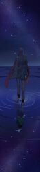 Rule 34 | 1boy, arm up, black coat, black hair, black pants, brown shoes, coat, different reflection, facing away, fate/zero, fate (series), halorane, highres, long hair, long image, lord el-melloi ii, male focus, night, outdoors, pants, reflection, ripples, shoes, sky, standing, standing on liquid, star (sky), starry sky, tall image, waver velvet
