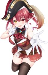 1girl :d ascot belt bicorne black_choker black_hat blush breasts brooch brown_belt brown_thighhighs buttons choker commentary_request covered_navel cropped_jacket frilled_choker frills gloves gold_trim hair_ribbon hand_up hat heterochromia highres hololive houshou_marine houshou_marine_(1st_costume) index_finger_raised jacket jewelry lace lace-trimmed_legwear lace_trim lapel_pin large_breasts leather_belt leotard leotard_under_clothes looking_at_viewer medium_hair miniskirt nagura_shiro open_mouth outstretched_arm pirate_hat pleated_skirt red_ascot red_eyes red_hair red_jacket red_ribbon red_skirt ribbon see-through_clothes see-through_leotard simple_background skirt sleeveless sleeveless_jacket smile solo teeth thighhighs twintails upper_teeth_only virtual_youtuber white_background white_gloves yellow_eyes zettai_ryouiki