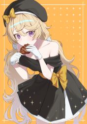 Rule 34 | 1girl, absurdres, alternate costume, bare shoulders, beret, black dress, black hat, blonde hair, bow, chicken (food), chicken leg, collarbone, counter:side, dress, eating, felicette (counter:side), food, food in mouth, gloves, hair between eyes, hat, hat bow, highres, holding, holding food, jinggun, leaning forward, long hair, looking at viewer, low twintails, off-shoulder dress, off shoulder, orange background, petticoat, pleated skirt, plus sign, purple eyes, raised eyebrows, skirt, solo, sparkle print, twintails, very long hair, white gloves, yellow bow