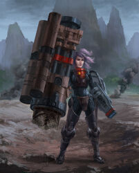 Rule 34 | 1girl, arm cannon, armor, armored boots, battle, battlefield, bodysuit, boots, breastplate, cable, china, command &amp; conquer, command &amp; conquer: red alert, command &amp; conquer: red alert 2, crater, dirt, dual arm cannons, gauntlets, greaves, huge weapon, knee guards, lips, mental omega (mod), military, mountain, mountainous horizon, multi-tied hair, nose, people&#039;s republic of china flag, phill berry, pink hair, power armor, realistic, smoke, soil, standing, swept bangs, tree, war, weapon, yunru (mental omega)