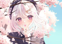 1girl absurdres beret black_hat blue_sky blurry blurry_foreground blush branch cherry_blossoms commentary day depth_of_field english_commentary flower flower_in_mouth frills hair_ornament hairclip hat highres jewelry long_eyelashes looking_at_viewer nail_polish original petals pink_hair pink_nails ribbon ring ruruka_003 sky solo spring_(season) swept_bangs upper_body