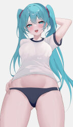1girl :d absurdres aqua_eyes aqua_hair arms_behind_head blue_buruma blush breasts buruma cowboy_shot eikawa_suru furrowed_brow gluteal_fold gym_uniform hair_between_eyes hand_on_own_hip hatsune_miku highres long_hair looking_at_viewer medium_breasts midriff open_mouth shirt short_sleeves simple_background smile solo teeth tongue tongue_out twintails upper_teeth_only vocaloid white_background white_shirt