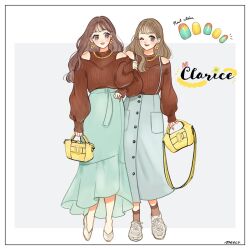 2girls alternate_costume animification bag character_name clarice_(disney) eyelashes full_body humanization jewelry looking_at_viewer meecosme mickey_mouse_&amp;_friends multiple_girls necklace off_shoulder personification shirt skirt smile