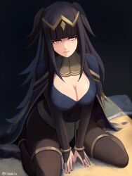 1girl black_hair blunt_bangs bodystocking book bracelet breasts bridal_gauntlets cape circlet cleavage fire_emblem fire_emblem_awakening gold_bracelet gold_thighlet highres jewelry labebebe_lee large_breasts long_hair looking_at_viewer medium_breasts nintendo on_ground sitting solo tharja_(fire_emblem) thighlet wariza