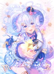 Rule 34 | 1girl, :d, ahoge, aquarius (symbol), aries (symbol), arm up, black shirt, blue eyes, blue skirt, blush, bow, breasts, cancer (symbol), capricorn (symbol), commentary request, commission, crescent, crescent earrings, crown, detached sleeves, earrings, gemini (symbol), grey hair, hair between eyes, hair ornament, highres, horns, hoshikage lapis, indie virtual youtuber, ittokyu, jacket, jewelry, leo (symbol), libra (symbol), long hair, long sleeves, medium breasts, mini crown, open mouth, pink bow, pisces (symbol), ribbon-trimmed skirt, ribbon trim, roman numeral, sagittarius (symbol), scorpio (symbol), shirt, skirt, smile, solo, taurus (symbol), tilted headwear, very long hair, virgo (symbol), virtual youtuber, white jacket, white sleeves