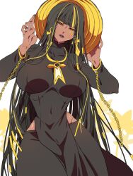 1girl ao_dai black_dress black_hair black_pants breasts chain cowboy_shot dark-skinned_female dark_skin dress exodia_the_forbidden_one genderswap genderswap_(mtf) highres large_breasts long_hair long_sleeves multicolored_hair pants pelvic_curtain red_eyes solo streaked_hair very_long_hair white_background yu-gi-oh! yu-gi-oh!_duel_monsters zackpyo