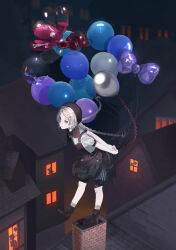 1girl absurdres amedama_ameme balloon balloon_animal balloon_party beret black_boots black_bow black_bowtie black_hat black_shorts black_skirt boots bow bowtie braid chimney facial_mark forehead_mark full_body grey_eyes grey_hair grey_socks hat highres holding holding_balloon house leaning_forward long_hair looking_at_viewer low_twin_braids night outdoors overall_skirt pale_skin reverse:1999 shirt short_sleeves shorts shorts_under_skirt skirt smile socks solo sparkle_facial_mark standing standing_on_one_leg tile_roof too_many_balloons twin_braids white_shirt