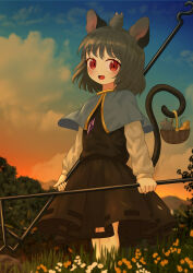 1girl :d absurdres animal_ears basket black_skirt black_vest capelet cheese commentary_request crystal_necklace dowsing_rod ekaapetto evening feet_out_of_frame food grass grey_capelet grey_hair highres holding holding_with_tail long_sleeves looking_at_viewer making-of_available mouse_(animal) mouse_ears mouse_girl mouse_on_head mouse_tail nazrin open_mouth outdoors paid_reward_available prehensile_tail red_eyes short_hair skirt smile solo standing tail touhou tree vest