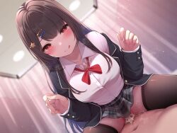 Rule 34 | 1boy, 1girl, black hair, black jacket, black thighhighs, blush, breasts, cowgirl position, cum, cum on body, hair ornament, highres, jacket, large breasts, long hair, looking at viewer, necktie, off shoulder, original, plaid clothes, plaid skirt, pov, red eyes, red necktie, shirt, skirt, star (symbol), star hair ornament, straddling, thighhighs, tongue, toyosaki shu, white shirt