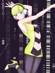 1girl absurdres bandeau bare_arms black_bandeau black_choker black_pantyhose blonde_hair blue_eyes blunt_bangs breasts choker dress elesa_(pokemon) highres highs_(wtjy7477) leg_up low_neckline medium_breasts midriff nintendo pantyhose pokemon pokemon_bw short_dress short_hair sleeveless sleeveless_dress solo yellow_dress