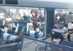 Rule 34 | 6+girls, armband, assault rifle, black gloves, black hair, black mask, black sailor collar, black shirt, black shorts, black skirt, blank eyes, blonde hair, blue archive, blue hat, blue jacket, blue sailor collar, blue shirt, blue skirt, blue vest, blunt bangs, blurry, blurry foreground, car, clenched hands, closed eyes, crack, cracked glass, demon girl, demon horns, game cg, gloves, grey hair, grey halo, gun, hair between eyes, hair ornament, hair ribbon, hairclip, halo, hat, highlander railway academy student (hg) (blue archive), highres, holding, holding gun, holding weapon, horns, ichika (blue archive), iori (blue archive), jacket, kasumi (blue archive), long hair, motor vehicle, multiple girls, neckerchief, no eyes, non-web source, official art, open mouth, peaked cap, pleated skirt, prefect team member (blue archive), red armband, red halo, red neckerchief, red shirt, ribbon, rifle, sailor collar, shirt, shorts, sidelocks, skirt, sleeves past fingers, sleeves past wrists, slippers, sniper rifle, sukeban (mg) (blue archive), sukeban (smg) (blue archive), sukeban (sr) (blue archive), train, vest, weapon, white halo, white hat, white jacket, white shirt