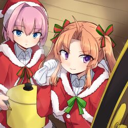 2girls alternate_costume blue_eyes brown_hair capelet collared_shirt cooking_pot door dress_shirt fur-trimmed_capelet fur-trimmed_headwear fur_trim hair_intakes hat kagerou_(kancolle) kakizaki_(chou_neji) kantai_collection multiple_girls pink_hair ponytail purple_eyes red_capelet red_hat santa_hat shiranui_(kancolle) shirt twintails upper_body white_shirt