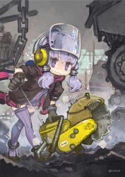 1girl ahoge animal_ears animal_hood anklet black_gloves blurry blurry_background chain circular_saw dress face_shield fake_animal_ears full_body gloves headphones highres hood hoodie iroikkai jewelry junk light_purple_hair looking_at_viewer machinery open_clothes open_hoodie power_tool pull_cord purple_dress purple_eyes purple_thighhighs rabbit_ears ribbed_thighhighs saw short_hair_with_long_locks sideways_glance solo striped_clothes striped_dress striped_thighhighs sweat thighhighs twitter_username v-shaped_eyebrows vertical-striped_clothes vertical-striped_dress vertical-striped_thighhighs voiceroid walking wavy_mouth yuzuki_yukari zettai_ryouiki