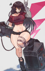 1girl \m/ abs ankle_belt annoyed bandaged_arm bandages belt_collar black_boots black_hair black_shorts boots breasts collar commission cropped_shirt denim denim_shorts ear_piercing electric_guitar eyebrows_hidden_by_hair full_body gabriel_ales guitar hair_between_eyes highres holding holding_instrument instrument large_breasts lipstick long_hair looking_at_viewer makeup navel open_mouth orange_eyes original piercing red_shirt shadow shirt short_shorts shorts solo speaker squiggle stomach teeth