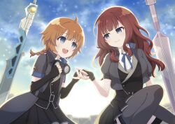 2girls :d ahoge arm_at_side assault_lily belt belt_buckle black_belt black_gloves black_skirt black_vest blue_ribbon blue_sky blunt_bangs blurry blurry_background blush braid braided_ponytail breasts brown_hair buckle closed_mouth coat collared_shirt commentary_request commission elbow_gloves eye_contact fingerless_gloves futagawa_fumi gloves goggles goggles_around_neck grey_coat grey_jacket grey_thighhighs hand_up hands_up holding_hands jacket kaede_johan_nouvel knees_up light_particles long_hair looking_at_another looking_to_the_side medium_breasts miniskirt morning multiple_girls neck_ribbon official_alternate_costume open_clothes open_coat open_jacket open_mouth orange_hair outdoors piatin planted planted_sword planted_weapon pleated_skirt puffy_short_sleeves puffy_sleeves ribbon shirt short_sleeves sidelocks single_braid sitting skeb_commission skirt sky smile sunrise sword teeth thighhighs upper_teeth_only vest wavy_hair weapon white_shirt