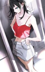 1girl absurdres bang_dream! bang_dream!_it&#039;s_mygo!!!!! black_hair blue_eyes breasts camisole cleavage commentary crop_top ear_piercing earrings grey_panties grey_skirt hands_on_own_hips hashtag-only_commentary highres indoors jewelry medium_breasts medium_hair mouth_hold navel open_clothes open_skirt panties piercing red_camisole skirt solo spaghetti_strap underwear yahata_umiri zihacheol
