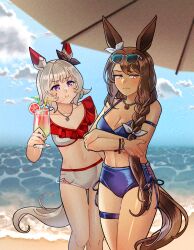 2girls admire_vega_(umamusume) animal_ears beach beach_umbrella bikini black_bow blue_bikini blue_sky blush bow bracelet braid braided_ponytail breasts brown_hair cleavage cloud cloudy_sky collarbone commentary_request crossed_arms curren_chan_(umamusume) day ear_bow ear_covers eyewear_on_head feet_out_of_frame gaman grey_hair highres horse_ears horse_girl horse_tail jewelry long_hair looking_to_the_side medium_breasts multiple_girls navel necklace ocean outdoors pout purple_eyes sand short_hair side-tie_bikini_bottom signature sky small_breasts stomach sunglasses swimsuit tail tan thigh_strap umamusume umbrella very_long_hair water white-framed_eyewear white_bow