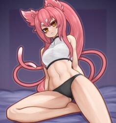 Rule 34 | 1girl, 2024, animal ear fluff, animal ears, arc system works, arm support, arms behind back, artist name, ass, bare legs, bare shoulders, black panties, blazblue, blush, breasts, cat ears, cat girl, cat tail, commentary, crop top, eyeshadow, facial mark, female focus, floating hair, foot out of frame, forehead mark, frown, glasses, gluteal fold, groin, hair over shoulder, hairdressing, head tilt, highres, implied extra ears, indoors, kokonoe (blazblue), large breasts, long hair, looking at viewer, makeup, midriff, multiple tails, narrow waist, navel, nerosynt, nipples, nose blush, on bed, outstretched leg, panties, panty pull, pince-nez, pink hair, serious, shirt, sidelocks, simple background, sitting, slit pupils, small breasts, soles, solo, spread fingers, straight hair, tail, teeth, thick thighs, thighs, tsurime, underwear, v-shaped eyebrows, very long hair, white background, white shirt, wide hips, yellow eyes