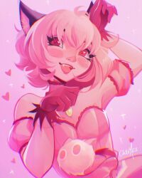 Rule 34 | 1girl, animal ear fluff, animal ears, bare shoulders, cat ears, cat girl, chibimica, choker, commentary, cowboy shot, detached sleeves, dress, english commentary, eyelashes, fang, frilled choker, frilled dress, frilled sleeves, frills, gloves, hair between eyes, hand on own head, happy, heart, heart in eye, highres, light blush, light particles, lipstick, looking at viewer, magical girl, makeup, masha (tokyo mew mew), mew ichigo, momomiya ichigo, open mouth, paw pose, pendant choker, pink background, pink choker, pink dress, pink eyes, pink gloves, pink hair, pink lips, pink pupils, pink sleeves, pink theme, puffy short sleeves, puffy sleeves, short hair, short sleeves, signature, smile, sparkle, strapless, strapless dress, symbol in eye, teeth, tokyo mew mew, upper teeth only
