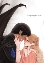 1boy 1girl a_court_of_thorns_and_roses_(series) armor azriel_(acotar) bat_wings black_armor blush bracelet closed_eyes commentary couple demon_wings earrings elain_archeron english_commentary english_text hand_on_another&#039;s_face highres imminent_kiss jewelry long_hair looking_at_another mysleepyblue necklace pointy_ears profile short_hair simple_background twitter_username white_background wings
