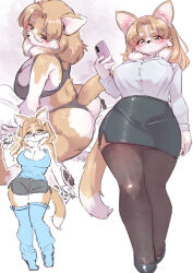 1girl airsoft_corgi_(yazawa_owl) animal_ear_fluff animal_ears ass black_pantyhose bra breasts brown_hair dog dog_ears dog_girl dog_tail furry furry_female glasses highres large_breasts office_lady original pantyhose pawpads skirt tail thong underwear yazawa_owl
