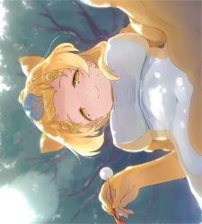 10s 1girl animal_ears blonde_hair blush day extra_ears female_focus from_below golden_snub-nosed_monkey_(kemono_friends) half-closed_eyes kemono_friends looking_at_viewer mimikaki monkey_ears naka_akira outdoors pov solo sunlight tree tree_shade yellow_eyes