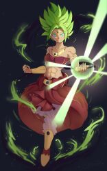 1girl abs absurdres armlet aura bare_shoulders blue_eyes boots breasts broly_(dragon_ball_z) broly_(dragon_ball_z)_(cosplay) circlet closed_mouth commentary cosplay dragon_ball dragon_ball_super dragonball_z english_commentary full_body gold_bracer grey_hair highres jewelry kale_(dragon_ball) medium_breasts midriff muscular muscular_female navel pants pyrokuro red_tunic saiyan serious solo spiked_hair super_saiyan super_saiyan_2 tunic v-shaped_eyebrows white_pants yellow_boots