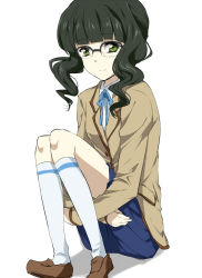 10s 1girl black_hair black_rock_shooter blue_ribbon blue_skirt eyebrows female_focus glasses green_eyes hugging_own_legs kneehighs looking_at_viewer maruki_(punchiki) pleated_skirt ribbon school_uniform short_hair_with_long_locks simple_background sitting skirt socks solo takanashi_yomi white_background white_socks