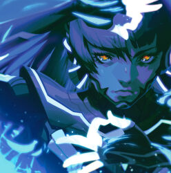 Rule 34 | armor, arms up, atlus, blue hair, blue light, chin guard, close-up, closed mouth, glowing, glowing finger, glowing hand, glowing lines, hand gesture, hands up, highres, lips, long hair, megami tensei, mudra, ok sign, protagonist (smtv), shin megami tensei, shin megami tensei v, shoulder armor, toni infante, yellow eyes