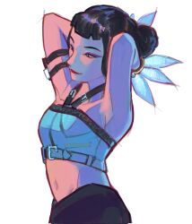 Rule 34 | 1girl, armlet, black hair, blunt bangs, closed mouth, commentary, cowboy shot, double bun, eyelashes, hair bun, halterneck, highres, holding, holding weapon, jewelry, kpop demon hunters, navel, sidelocks, simple background, smile, solo, weapon, white background, wolfythewitch, zoey (kpop demon hunters)