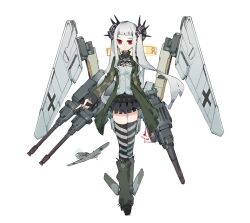 1girl absurdres aircraft airplane artist_name ascot bf_109 black_ascot black_skirt blunt_bangs boots breasts closed_mouth coat dated dual_wielding expressionless frider frilled_skirt frills full_body green_coat green_jacket grey_hair grey_thighhighs gun hair_ornament highres holding holding_gun holding_weapon jacket long_hair long_sleeves looking_at_viewer mecha_musume miniskirt open_clothes open_coat original personification pleated_skirt propeller red_eyes shirt sidelocks simple_background skirt small_breasts solo standing striped_clothes striped_thighhighs tachi-e thighhighs transparent_background twintails weapon white_background white_shirt zettai_ryouiki
