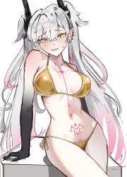 1girl absurdres bikini black_hands blush breasts colored_extremities fate/grand_order fate_(series) gold_bikini green_eyes highres horns lilith_(fate) long_hair looking_at_viewer navel pointy_ears pubic_tattoo salsa_dance smile solo swimsuit tattoo twintails white_background white_hair