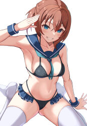 1girl absurdres arm_up armpits azur_lane bikini black_bikini blue_eyes blue_sailor_collar blush breasts brown_hair collarbone crossed_bangs grin hair_between_eyes hand_up highres looking_at_viewer medium_breasts navel neckerchief no_shoes repulse_(azur_lane) rizzy sailor_bikini sailor_collar salute short_hair simple_background sitting smile solo stomach swimsuit thighhighs wariza white_background white_thighhighs wrist_cuffs