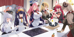 6+girls absurdres akari_(blue_archive) apron black_eyes black_gloves black_hat black_shirt black_skirt blank_eyes blonde_hair blue_archive blue_shirt blunt_bangs cake closed_eyes demon_girl demon_horns demon_tail food fork fuuka_(blue_archive) gloves hair_between_eyes hairband haruna_(blue_archive) hat highres holding holding_fork holding_plate horns izumi_(blue_archive) junko_(blue_archive) juri_(blue_archive) long_hair long_sleeves looking_at_another multiple_girls nacho_(nacho_1103) necktie peaked_cap pink_eyes pink_hair plate purple_hair red_hair red_necktie red_skirt shirt short_sleeves sidelocks skirt tail twintails white_apron white_hair white_shirt wiping_mouth yellow_hairband yellow_necktie